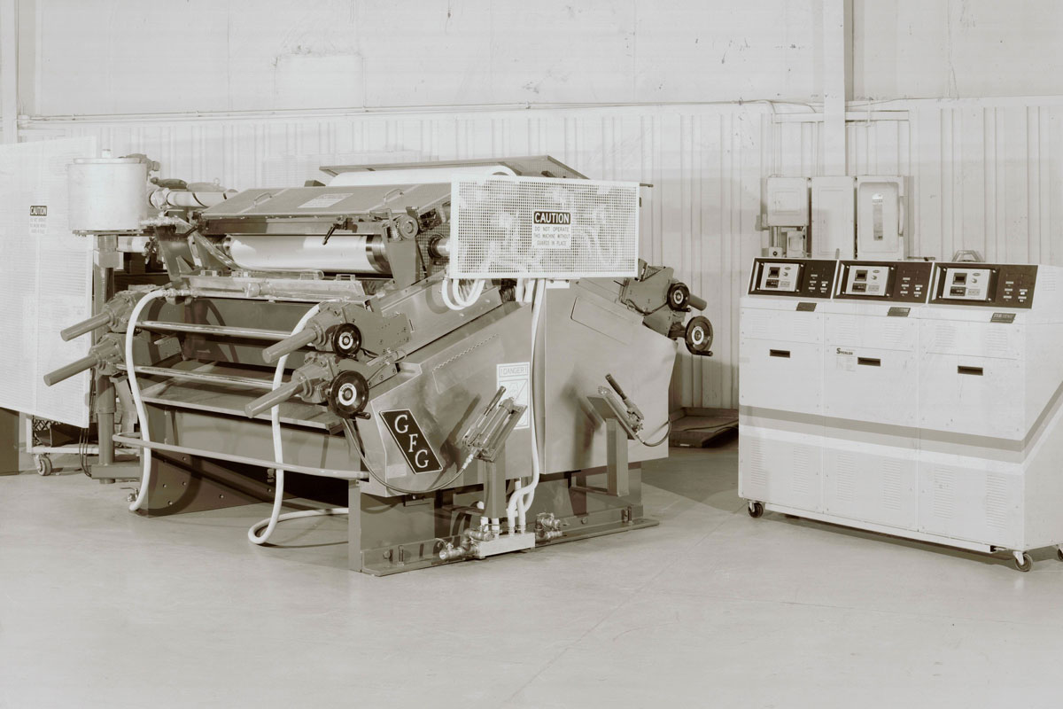 Black and white photo of a GFG Peabody machine